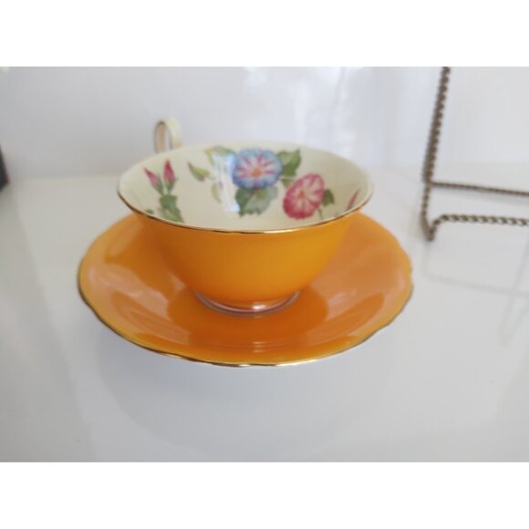 Vintage Aynsley Bone China Widemouth Teacup and Saucer Morning glory 1950's - Picture 4 of 11